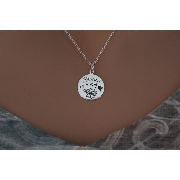 Sterling Silver Hawaii Charm on a Disk Necklace, Silver Hawaii Pendant Necklace - Picture 1 of 2